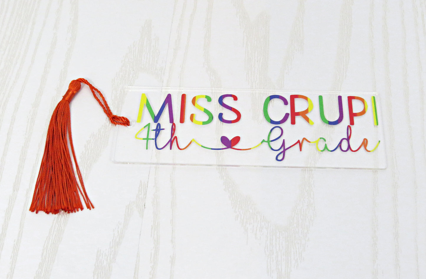Personalized Rainbow Teacher Bookmark – Custom Name & Grade with Tassel