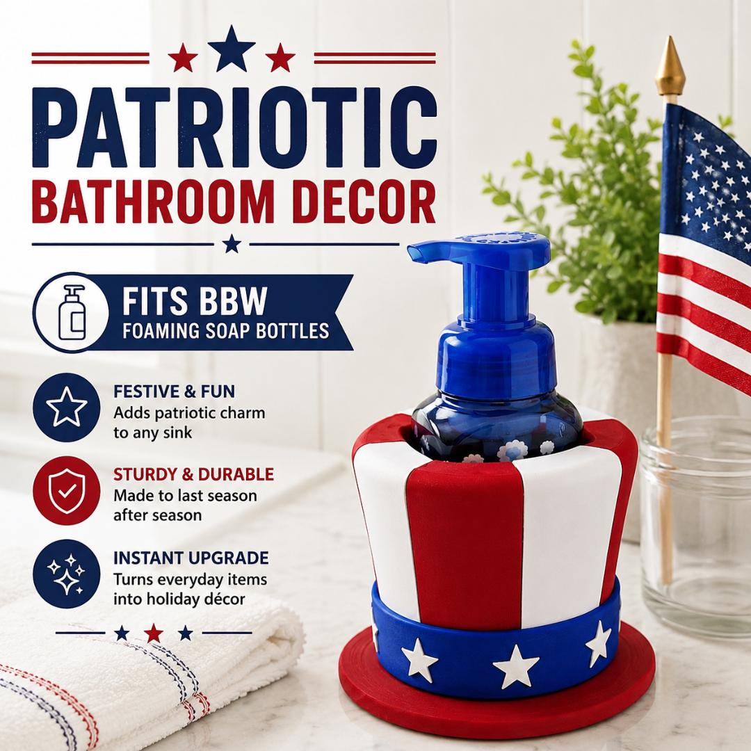 4th of July Uncle Sam Hat Foaming Soap Holder – Patriotic Red White Blue Bathroom & Kitchen Decor