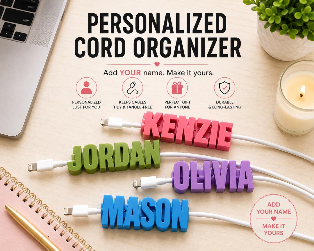 Personalized 3D Printed Cord Holder - Custom Name USB Cable Organizer | Desk & Travel Gift