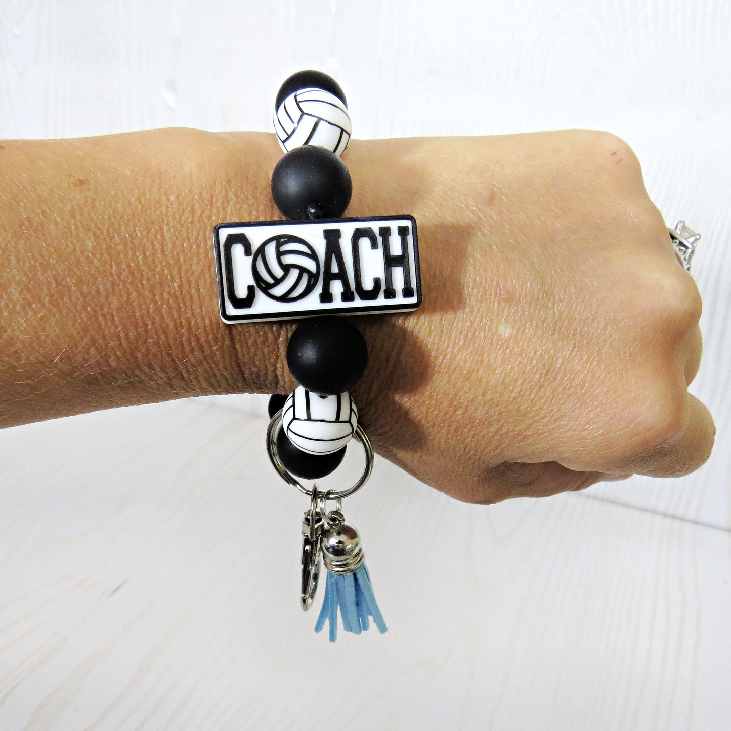 Volleyball Coach Silicone Keychain Beaded Wristlet - Custom Color Car Key Ring Bracelet with Tassel - Handmade Gift for Team Moms, Players & Fans
