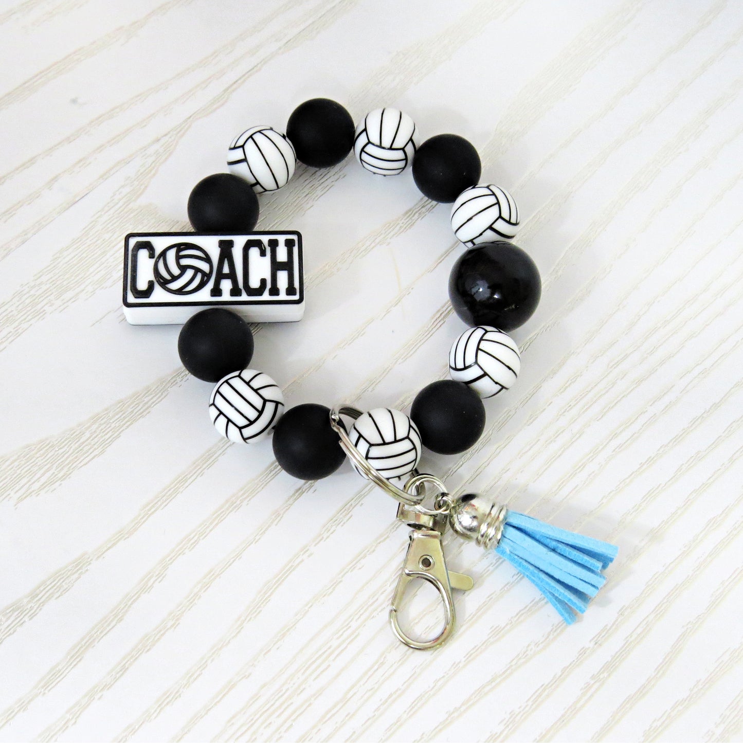 Volleyball Coach Silicone Keychain Beaded Wristlet - Custom Color Car Key Ring Bracelet with Tassel - Handmade Gift for Team Moms, Players & Fans