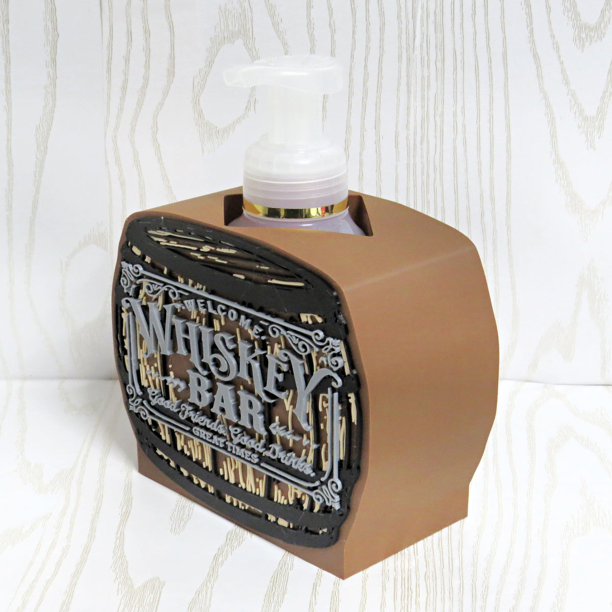 Whiskey Barrel Foaming Soap Holder — Rustic Bar Decor for BBW Bottles