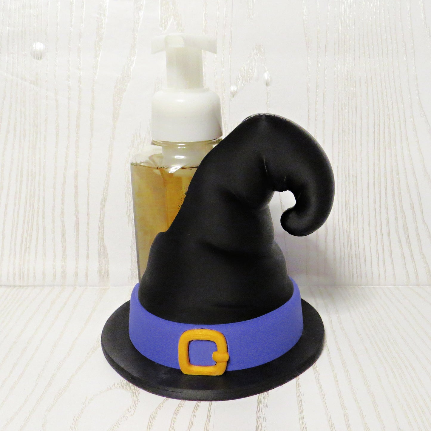 black-3d-printed-witch-hat-curved-tip-purple-band-gold-buckle-flat-brim-foaming-soap-holder-halloween-spooky-bathroom-decor