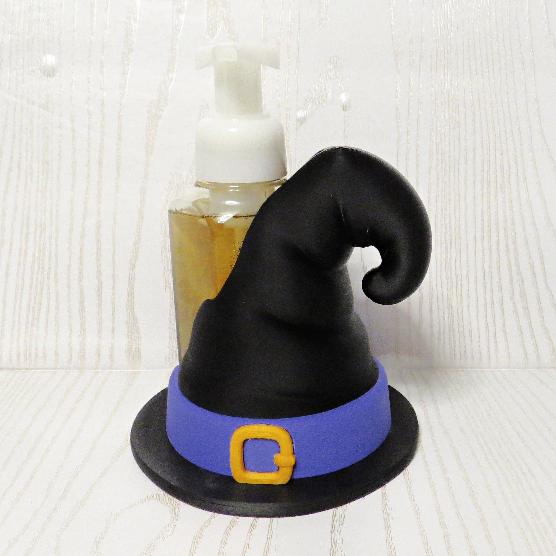 black-3d-printed-witch-hat-curved-tip-purple-band-gold-buckle-flat-brim-foaming-soap-holder-halloween-spooky-bathroom-decor