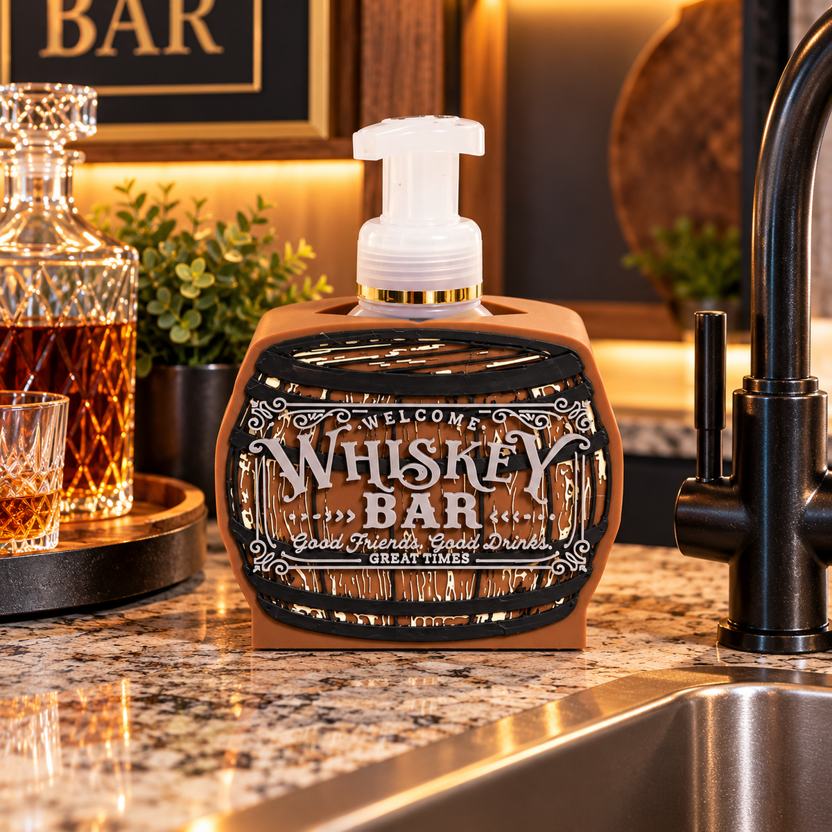 Whiskey Barrel Foaming Soap Holder — Rustic Bar Decor for BBW Bottles