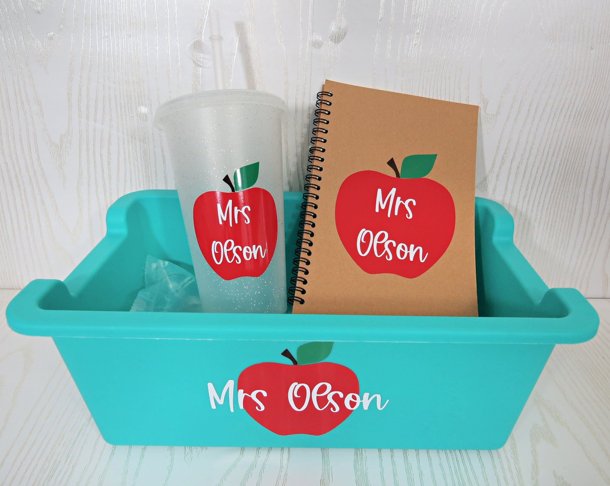 Apple themed teacher gift set with personalized bin tumbler and notebook