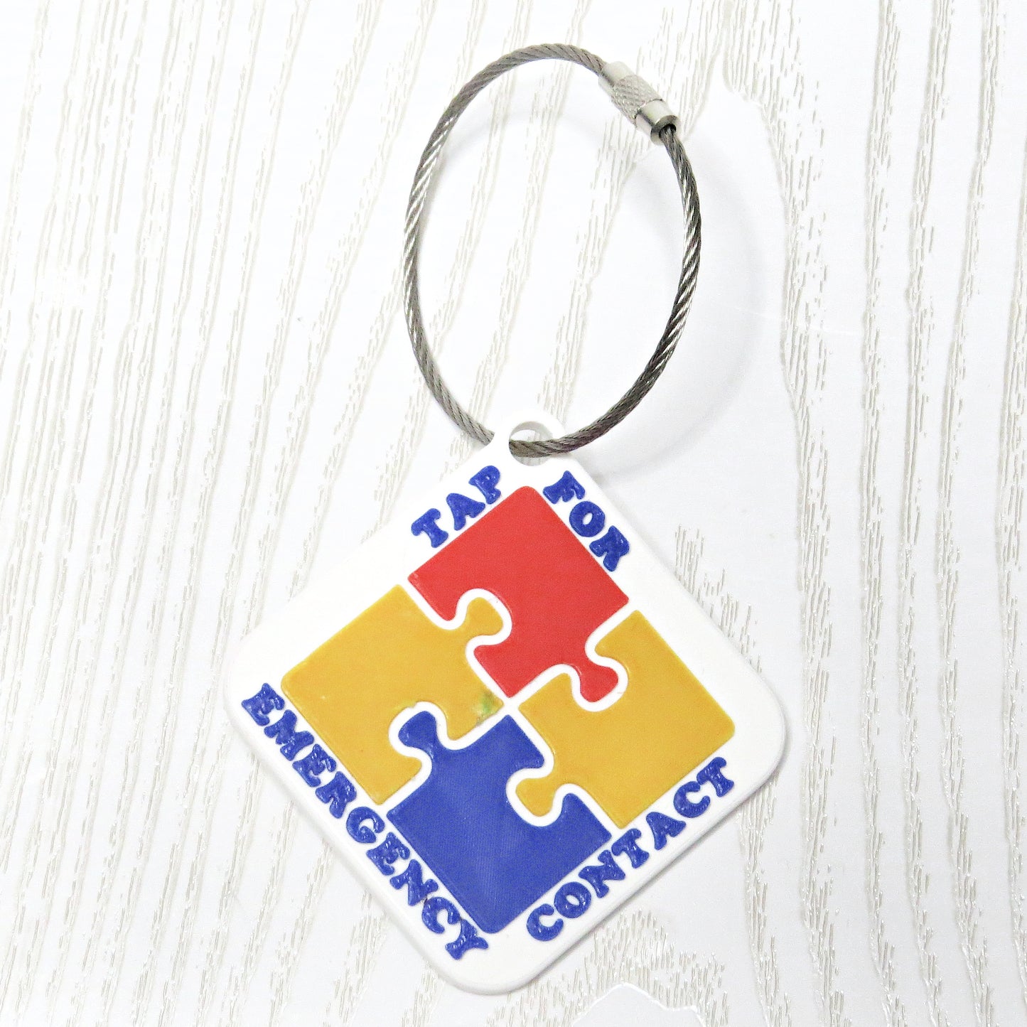 white-3d-printed-autism-nfc-emergency-contact-bag-tag-puzzle-piece-red-yellow-blue-tap-for-contact-stainless-cable-ring
