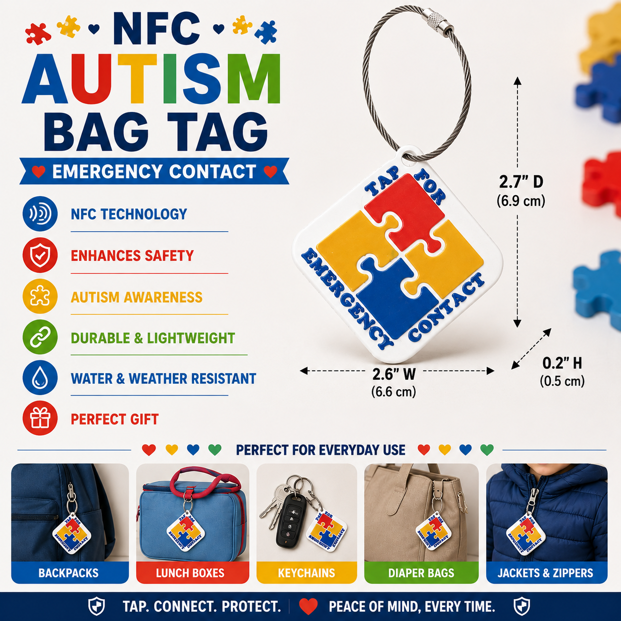 Autism NFC Bag Tag – 3D Printed Emergency Contact Safety Tag with Preloaded Phone Number