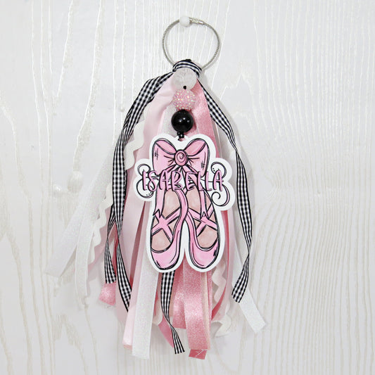 Kenzie's Boutique Handmade Dance Shoes Ballet Bag Tag Personalized with Name for Backpack or Dance Bag – Acrylic Young Dancer Pointe Keychain Prima Ballerina Ribbons Beads – Marker ID Identification