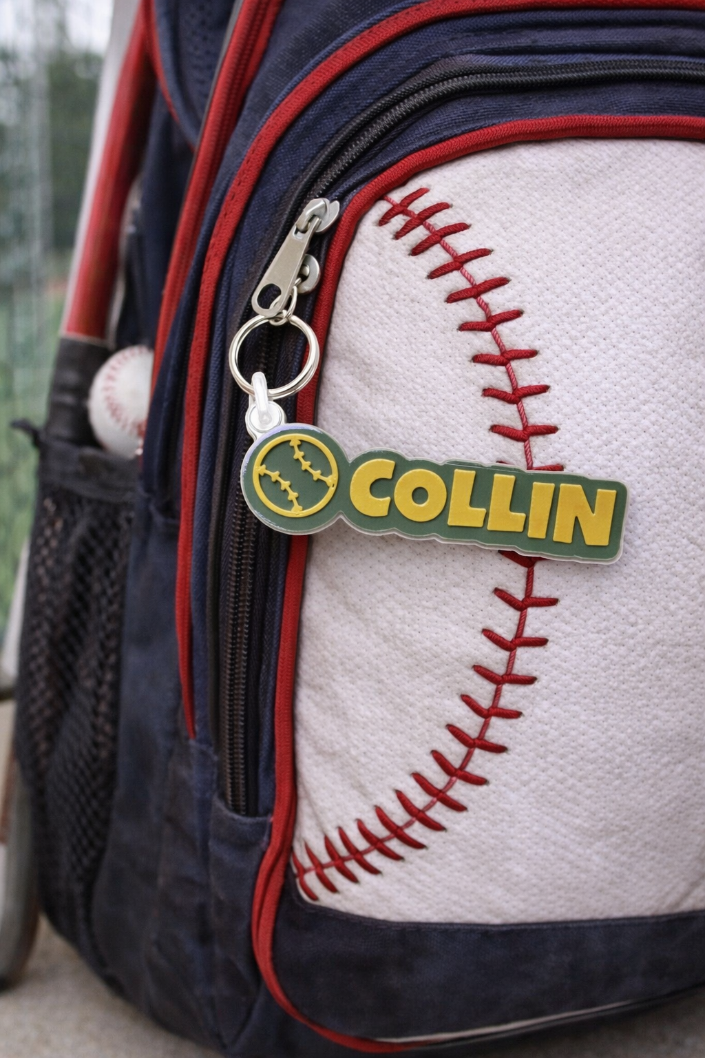 Personalized Baseball Keychain Bag Tag - flat lay showing full design