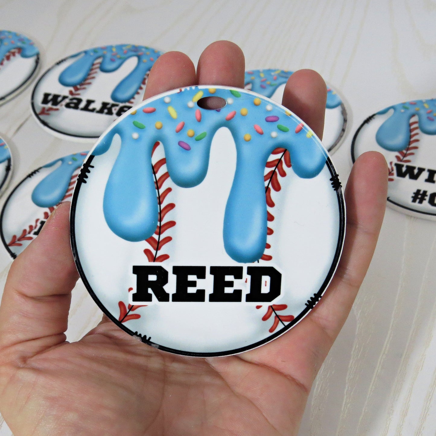 Personalized Baseball Drip Bag Tag with Name for Backpack Sports Bag - Custom Kids Ice Cream with Sprinkles Acrylic ID
