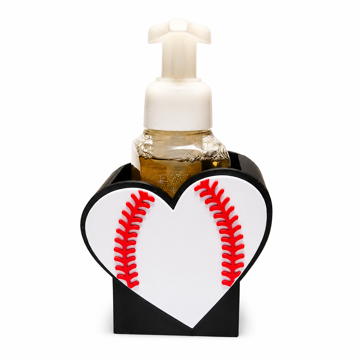 
white-baseball-heart-red-stitch-3d-printed-foaming-soap-holder-black-base-sports-bathroom-decor