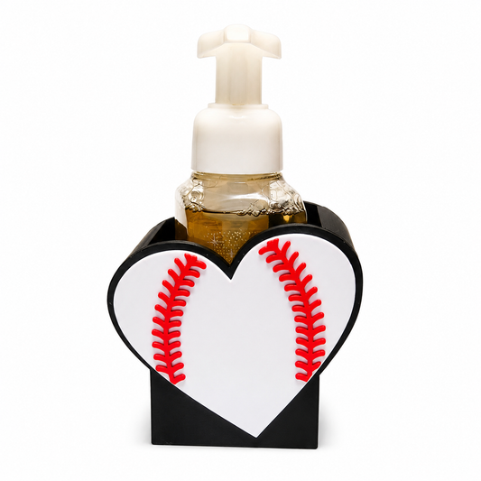 
white-baseball-heart-red-stitch-3d-printed-foaming-soap-holder-black-base-sports-bathroom-decor