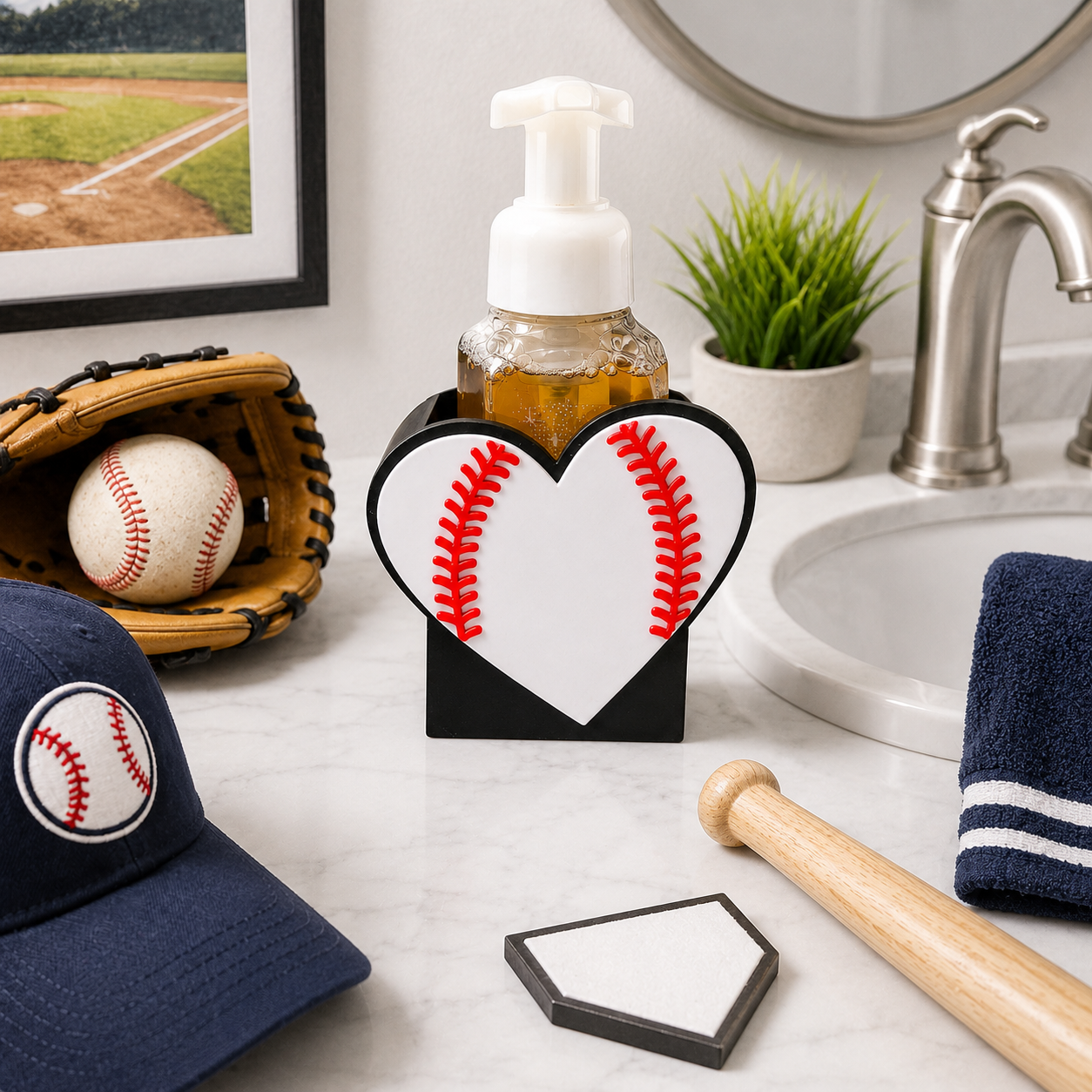 Baseball Heart Foaming Soap Bottle Holder – Cute 3D Printed Red Stitch Heart on Black Base – Bath and Body Works Foaming Soap Dispenser Stand – Sports Fan Bathroom Kitchen Decor – Baseball Softball Gift
