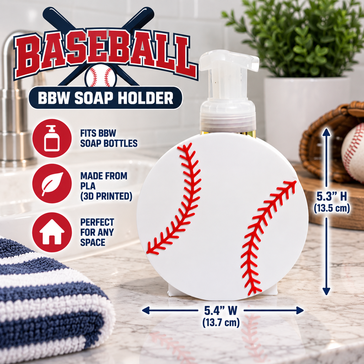 Baseball Foaming Soap Holder — Sports Themed Bathroom Decor for BBW Bottles