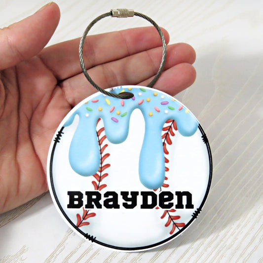 Personalized Baseball Drip Bag Tag with Name for Backpack Sports Bag - Custom Kids Ice Cream with Sprinkles Acrylic ID