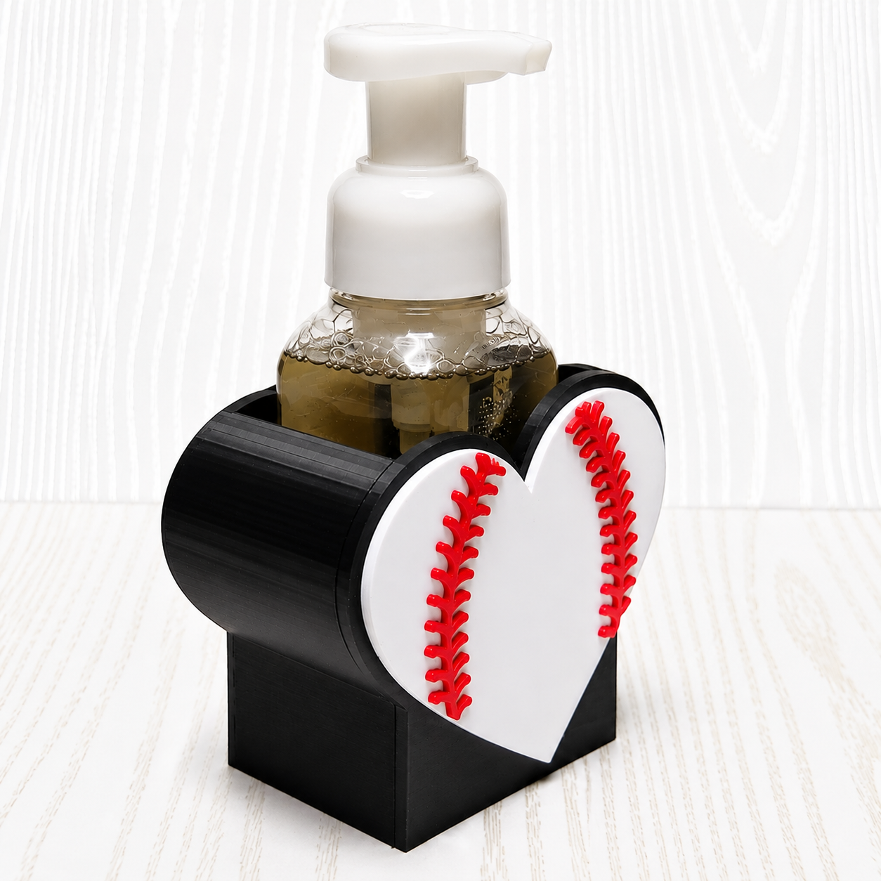 Baseball Heart Foaming Soap Bottle Holder – Cute 3D Printed Red Stitch Heart on Black Base – Bath and Body Works Foaming Soap Dispenser Stand – Sports Fan Bathroom Kitchen Decor – Baseball Softball Gift