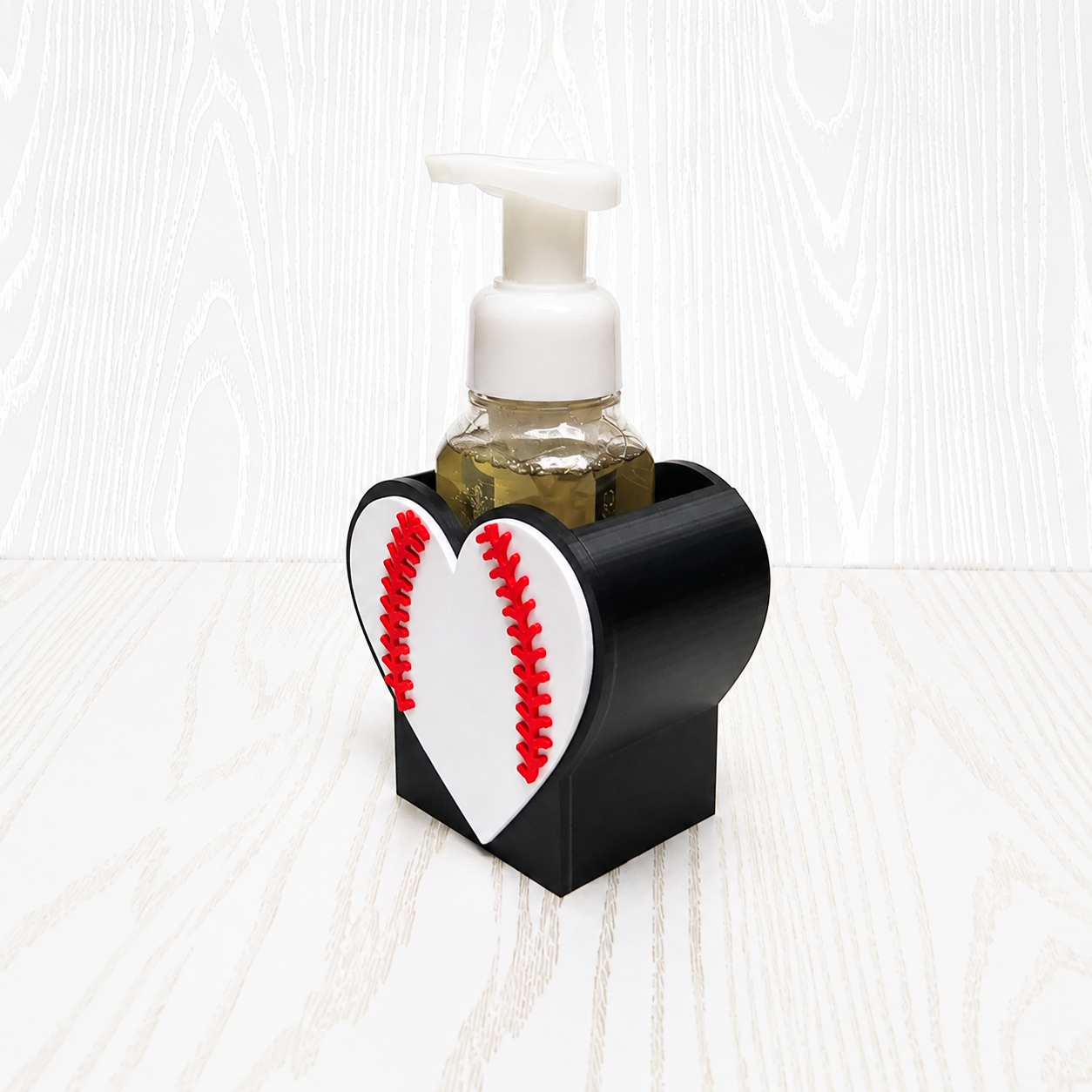 Baseball Heart Foaming Soap Bottle Holder – Cute 3D Printed Red Stitch Heart on Black Base – Bath and Body Works Foaming Soap Dispenser Stand – Sports Fan Bathroom Kitchen Decor – Baseball Softball Gift