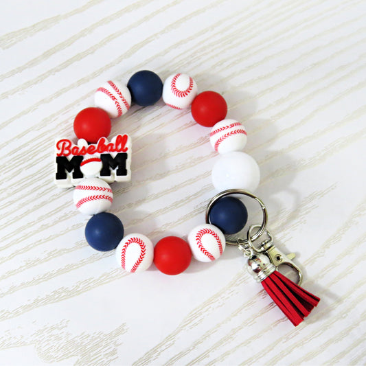 Baseball Mom Silicone Beaded Keychain Wristlet – Red Blue Game Day Bracelet with Tassel