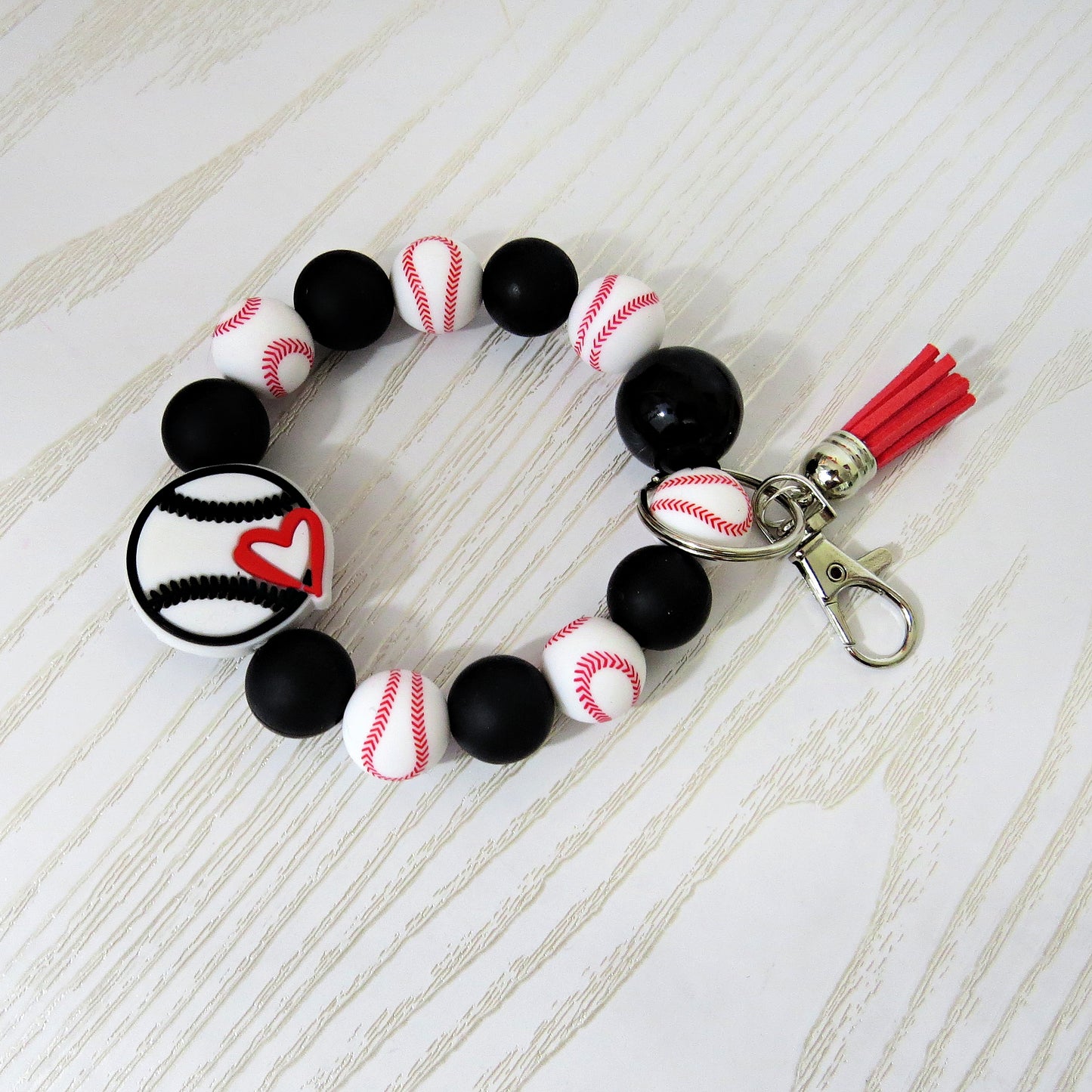 Baseball Beaded Keychain Bracelet with Tassel – Stretch Wristlet Gift for Moms Coaches and Fans