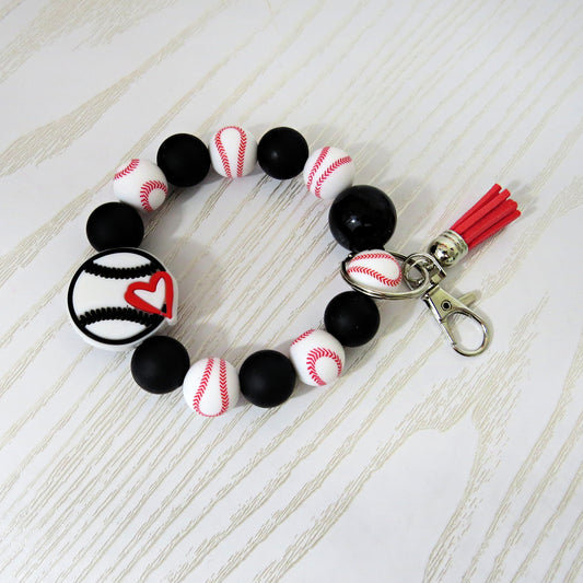 Baseball Beaded Keychain Bracelet with Tassel – Stretch Wristlet Gift for Moms Coaches and Fans