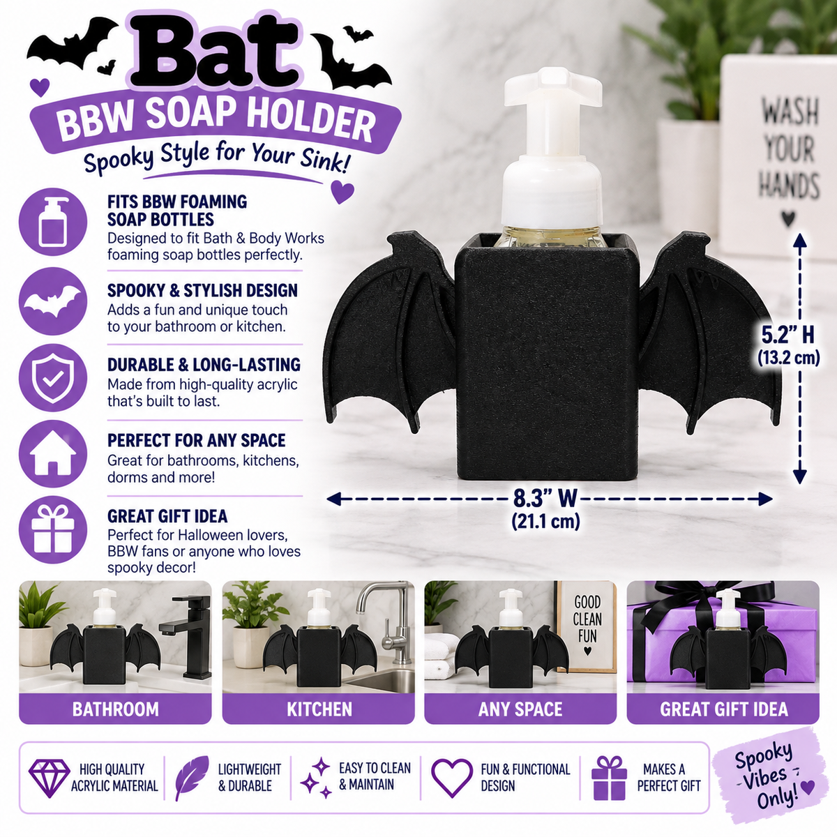 Bat Wing Foaming Soap Holder — Spooky Halloween Bathroom Decor for BBW Bottles