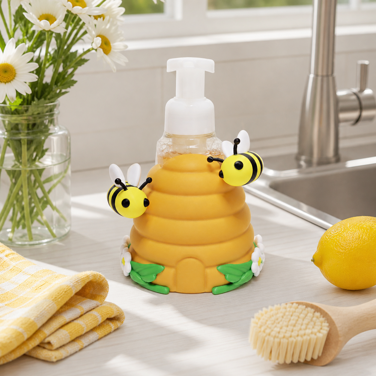 Beehive Foaming Soap Holder for BBW Soap Bottle - Cute Bee Kitchen Decor - side angle showing product shape