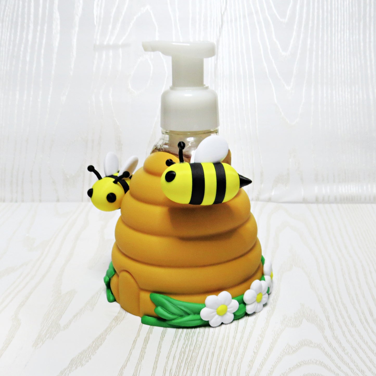 Beehive Foaming Soap Holder for BBW Soap Bottle - Cute Bee Kitchen Decor - top view showing pump opening