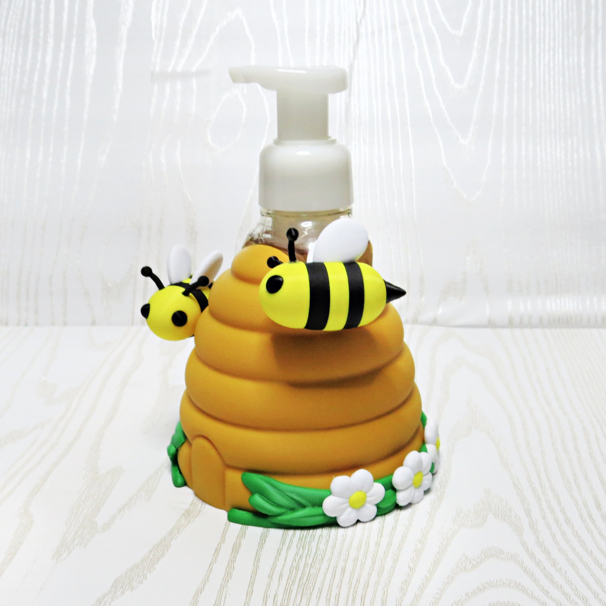 Beehive Foaming Soap Holder for BBW Soap Bottle - Cute Bee Kitchen Decor - top view showing pump opening