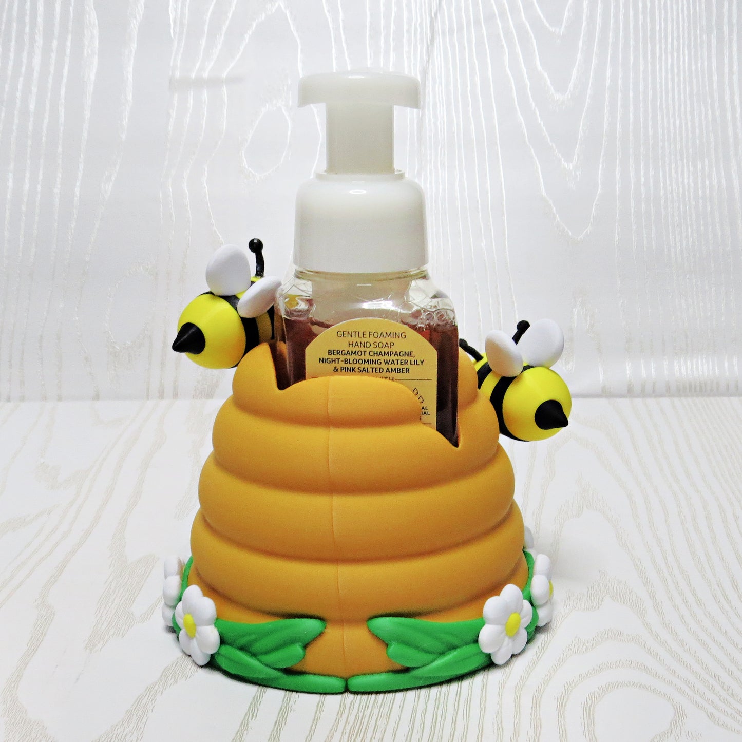 Beehive Foaming Soap Holder for BBW Soap Bottle - Cute Bee Kitchen Decor - lifestyle with soap bottle inserted