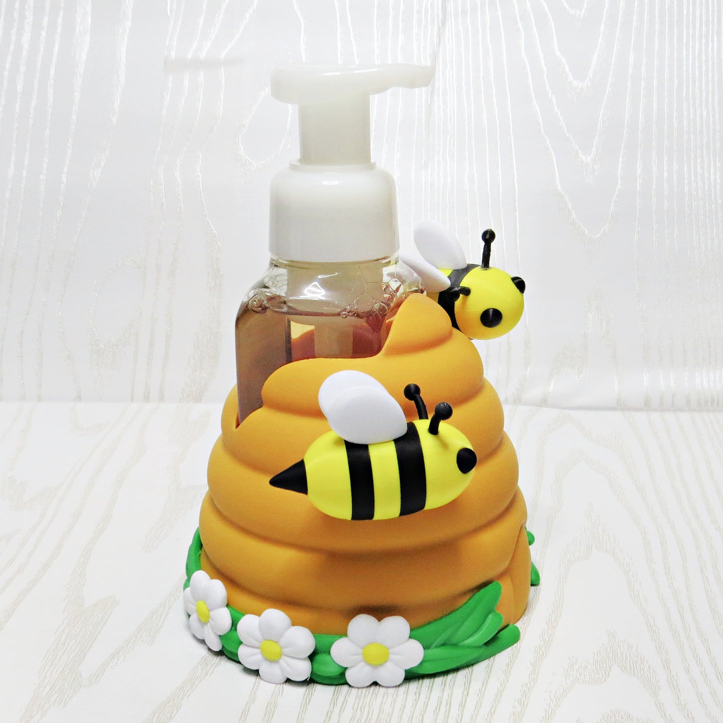Beehive Foaming Soap Holder for BBW Soap Bottle - Cute Bee Kitchen Decor - close-up of sculpted design detail