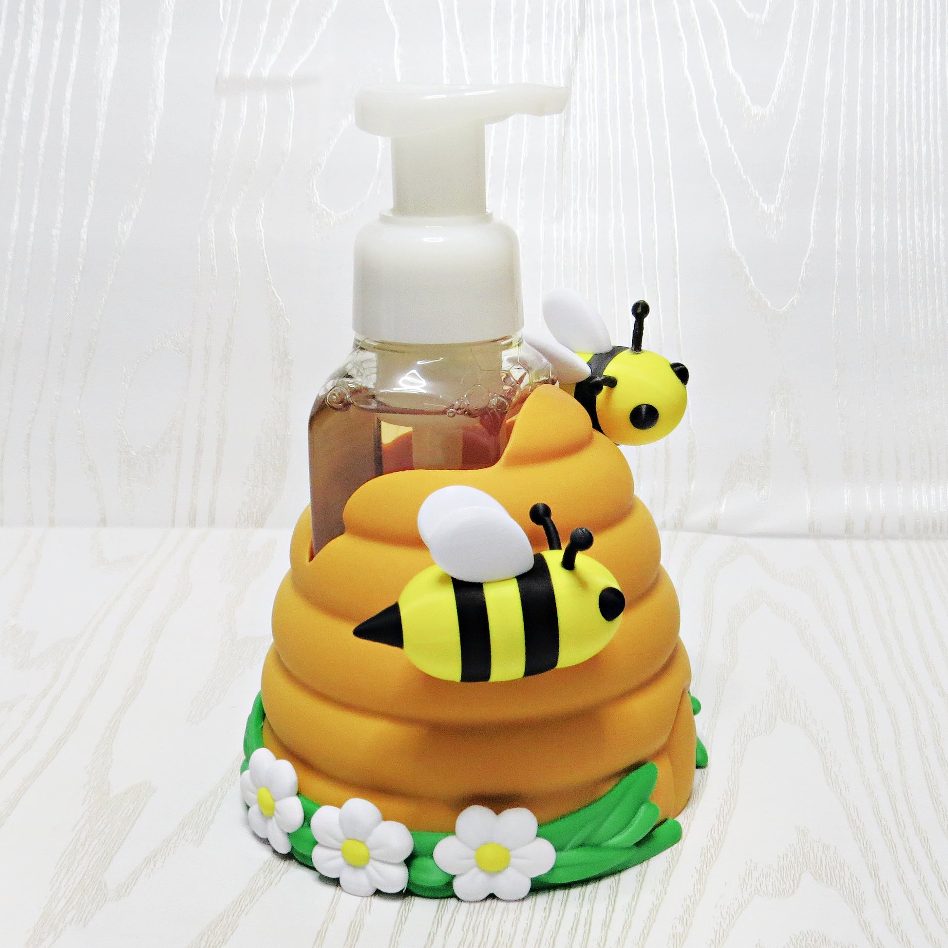 Beehive Foaming Soap Holder for BBW Soap Bottle - Cute Bee Kitchen Decor - close-up of sculpted design detail