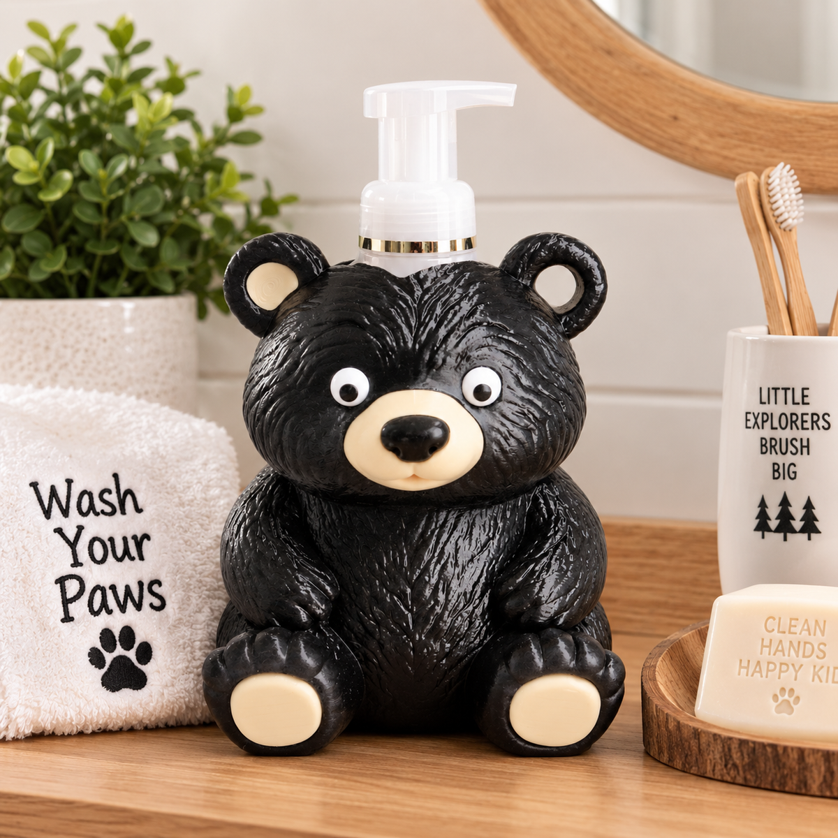 Cute Black Bear Foaming Soap Holder — Woodland Animal Bathroom Decor for BBW Bottles