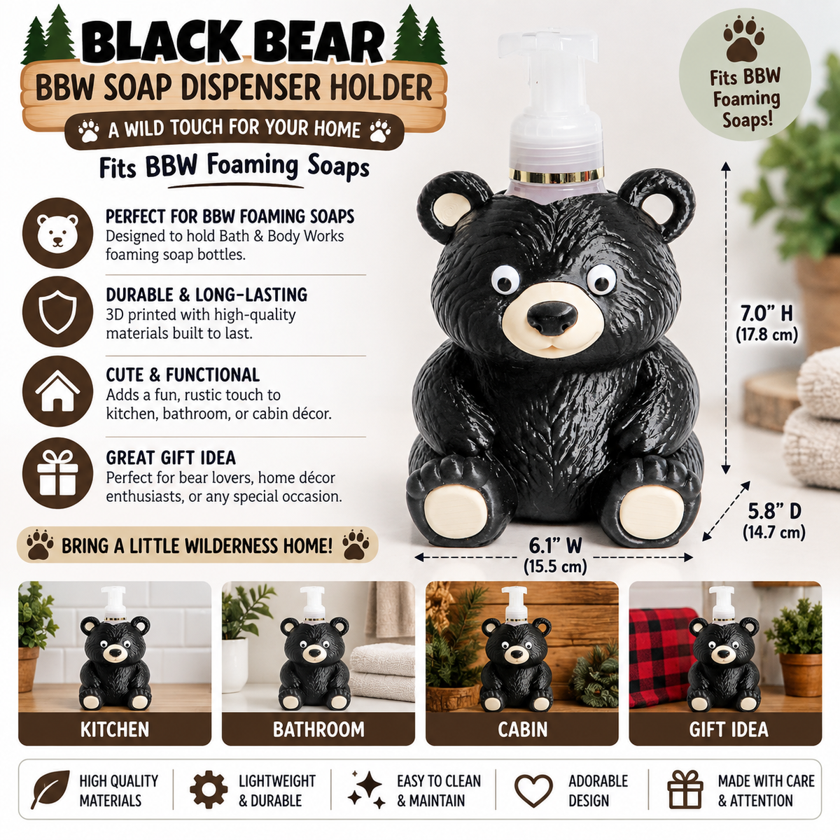 Cute Black Bear Foaming Soap Holder — Woodland Animal Bathroom Decor for BBW Bottles