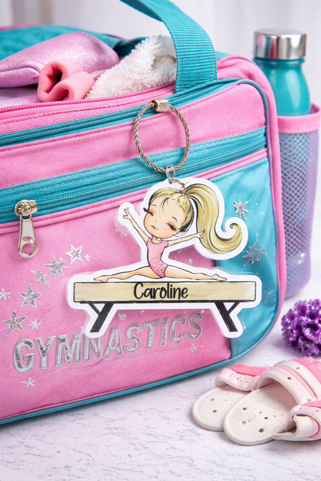 Personalized Gymnastics Bag Tag - Balance Beam Design - flat lay showing full design