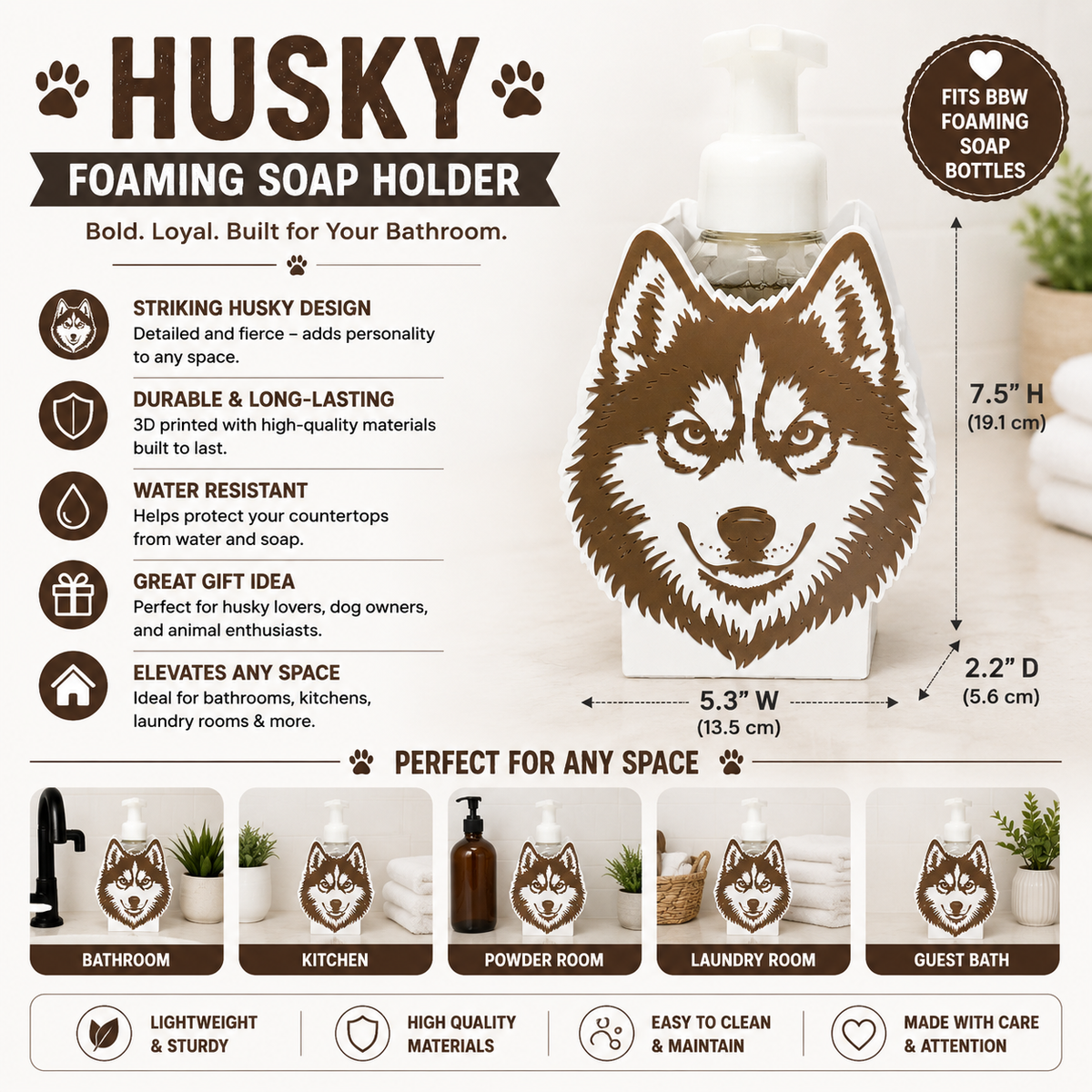 Husky Soap Holder – 3D Printed Brown White Husky Face Panel Decor – BBW Compatible