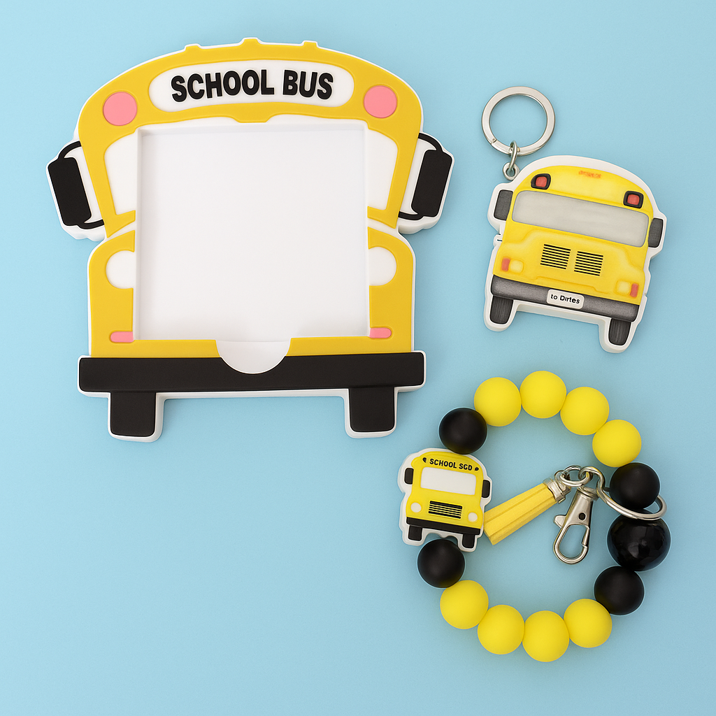 Bus Driver Gift Set - School Bus Sticky Note Holder + Wristlet + Keychain - size reference