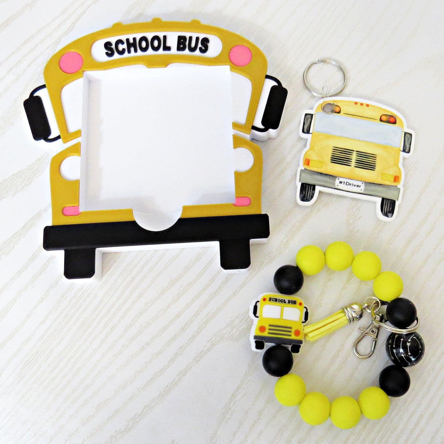Bus driver appreciation gift set school bus sticky note holder wristlet keychain flatlay
