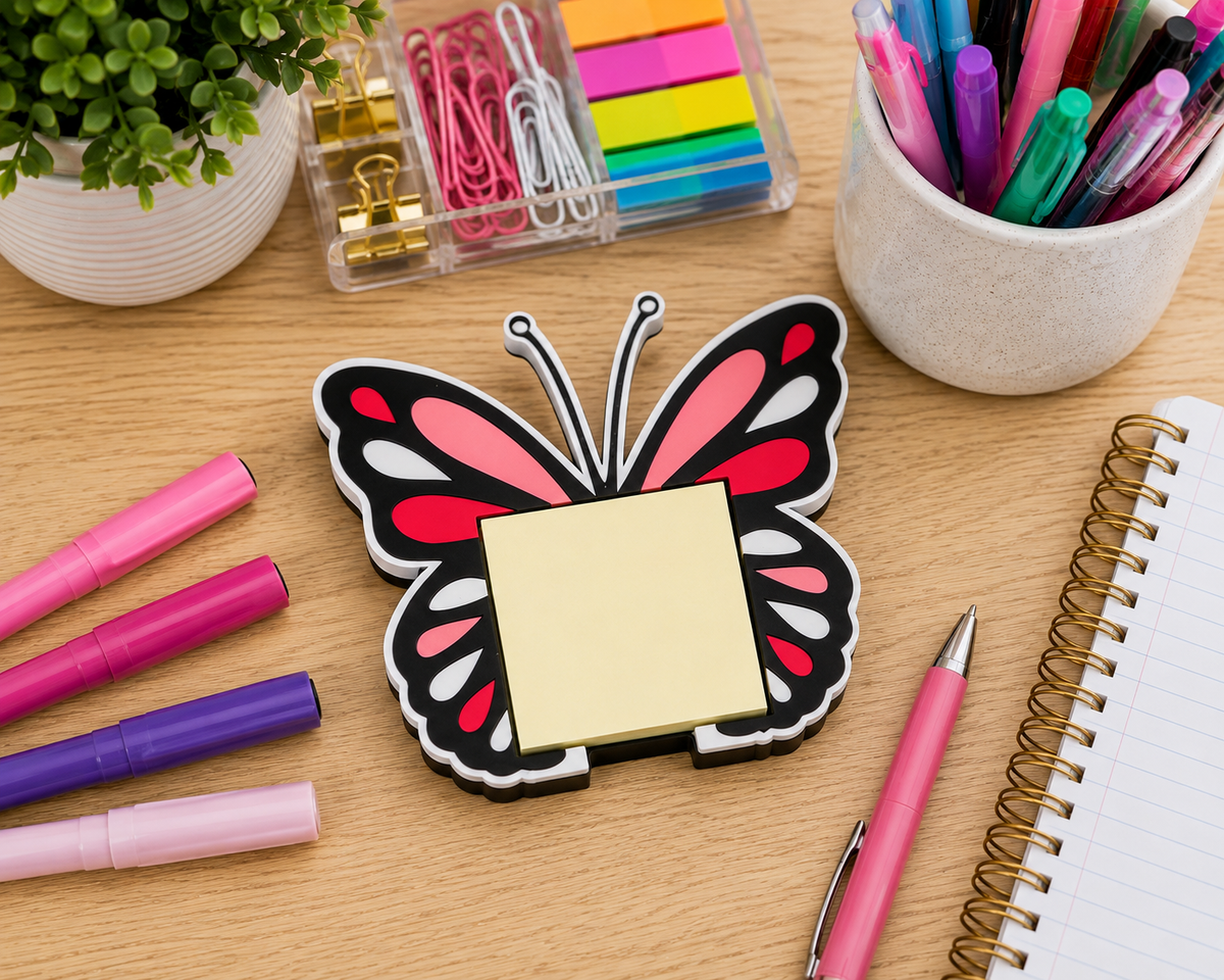Butterfly Sticky Note Holder – 3D Printed Floral Desk Organizer Girls Office Decor