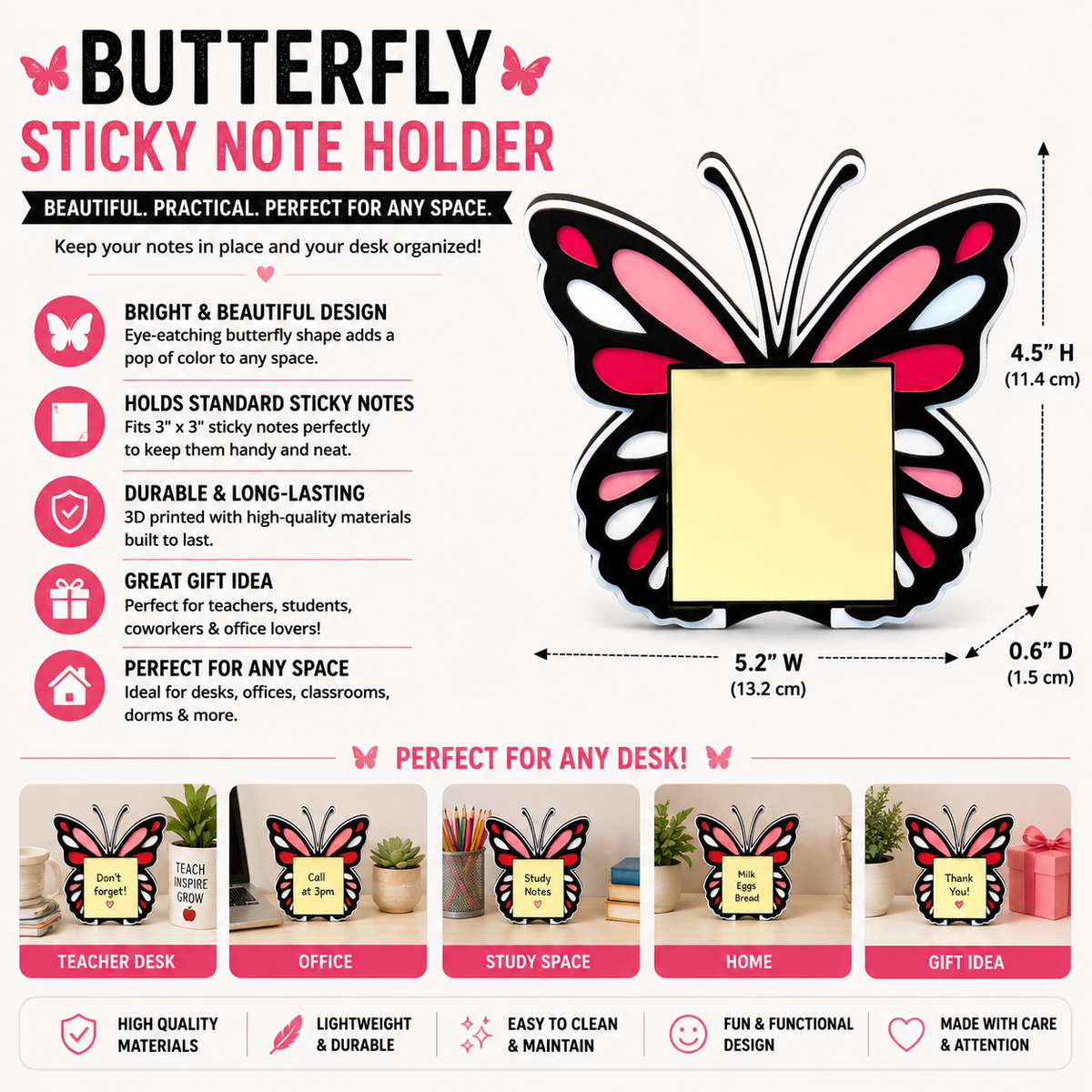 Butterfly Sticky Note Holder – 3D Printed Floral Desk Organizer Girls Office Decor