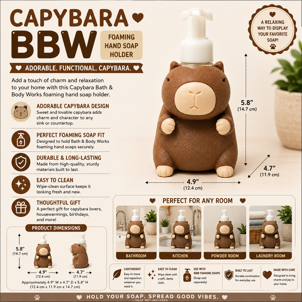 Capybara Foaming Soap Bottle Holder – Cute 3D Printed Chubby Brown Capybara – Bath and Body Works Foaming Soap Dispenser Stand – Trending Animal Bathroom Kitchen Counter Decor – Capybara Lover Exotic Animal Gift