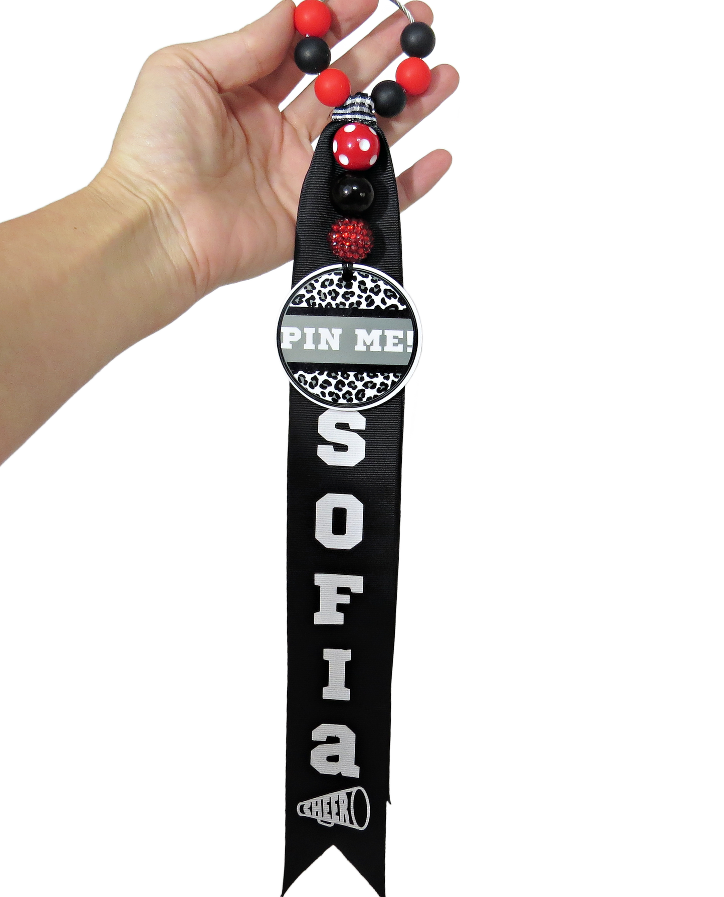 Cheerleader Pin Me! Ribbon for Backpack - Cheer Bag Tag Personalized with Nam... - size reference
