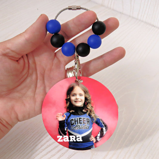 Personalized Cheer Sports Tag with Picture – Cheerleader Mom & Grandma Gift - Custom Cheerleading Keychain – Durable Acyrlic Key Ring for Purse Bags & Backpacks