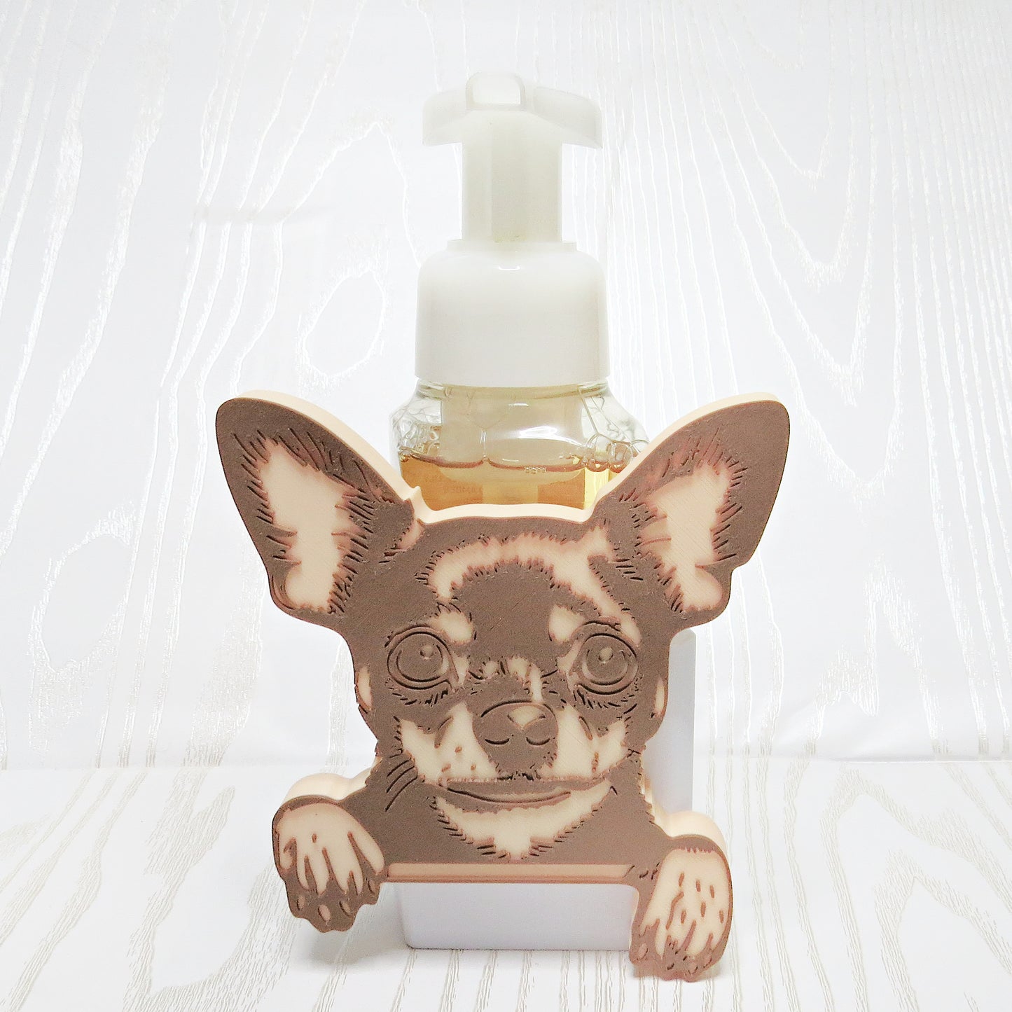 brown-cream-3d-printed-chihuahua-face-peeking-foaming-soap-holder-white-base-paws-dog-breed-bathroom-decor