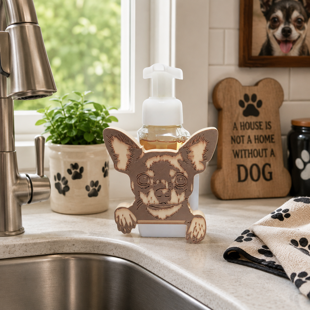 Chihuahua Foaming Soap Bottle Holder – Cute 3D Printed Two-Tone Brown Cream Peeking Chihuahua Face – Bath and Body Works Foaming Soap Dispenser Stand – Dog Breed Bathroom Kitchen Decor – Chihuahua Owner Pet Lover Gift