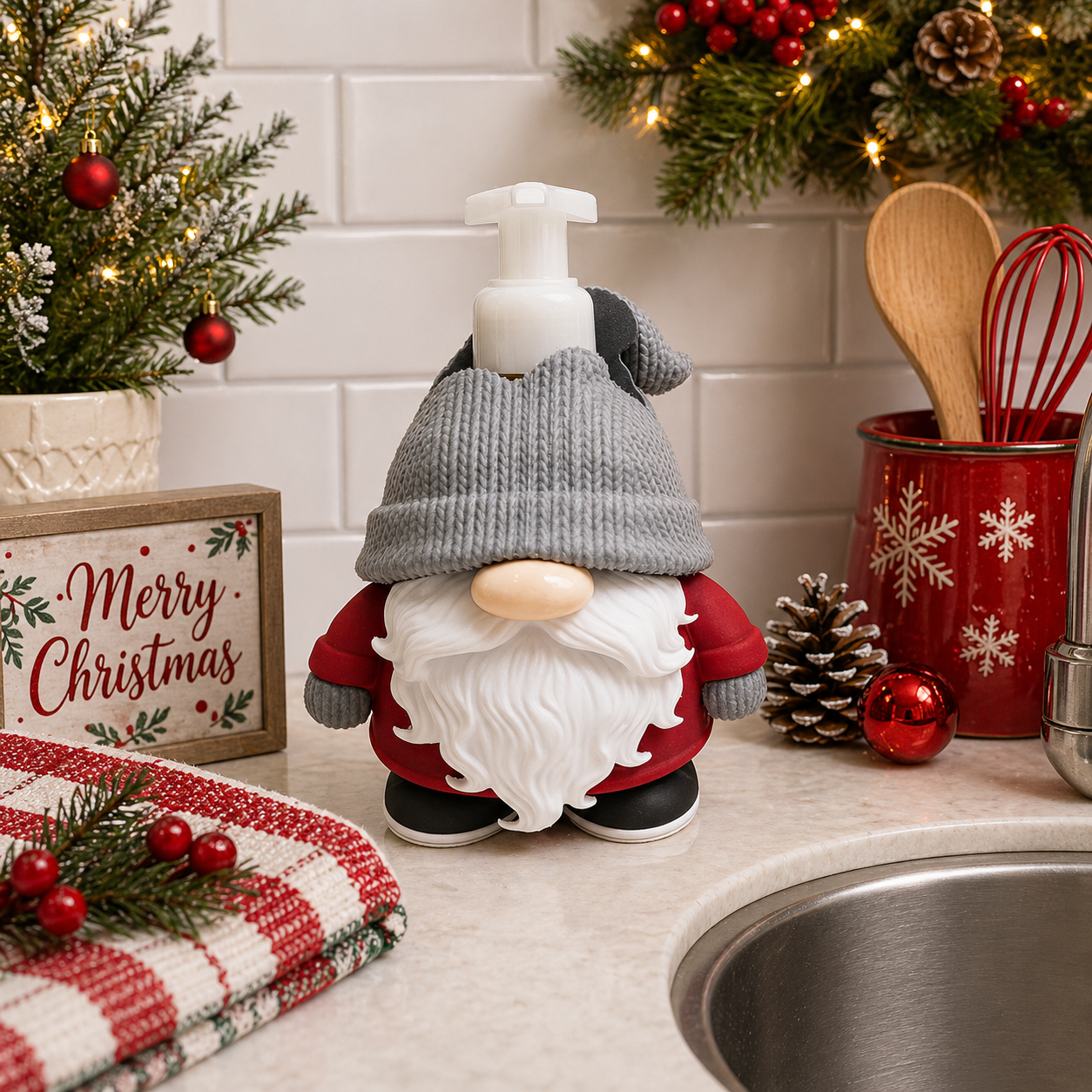 Christmas Gnome Foaming Soap Holder - Festive Kitchen Sink Decor - side angle showing product shape
