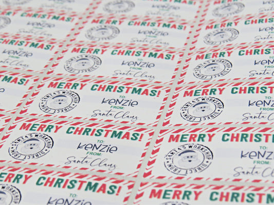 Santa Gift Tag Stickers – 24 Christmas Name Labels with Santa’s Workshop Stamp
