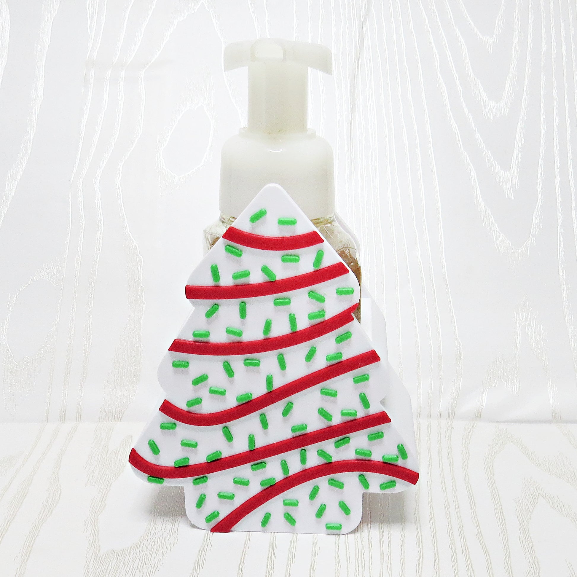 white-3d-printed-christmas-tree-cake-foaming-soap-holder-red-swirl-icing-green-sprinkles-holiday-bathroom-decor