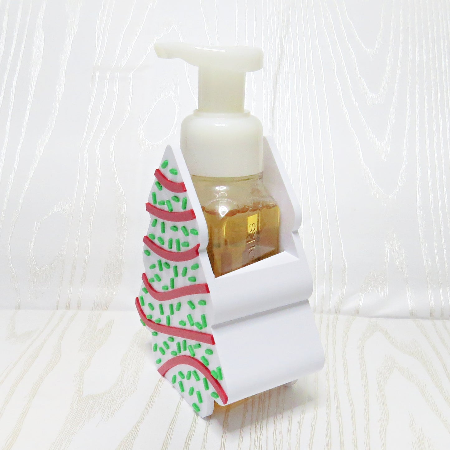 Christmas Tree Cake Foaming Soap Bottle Holder – Cute 3D Printed White Frosted Tree with Red Swirl Icing and Green Sprinkles – Bath and Body Works Foaming Soap Dispenser Stand – Holiday Christmas Kitchen Bathroom Decor – Festive Seasonal Gift