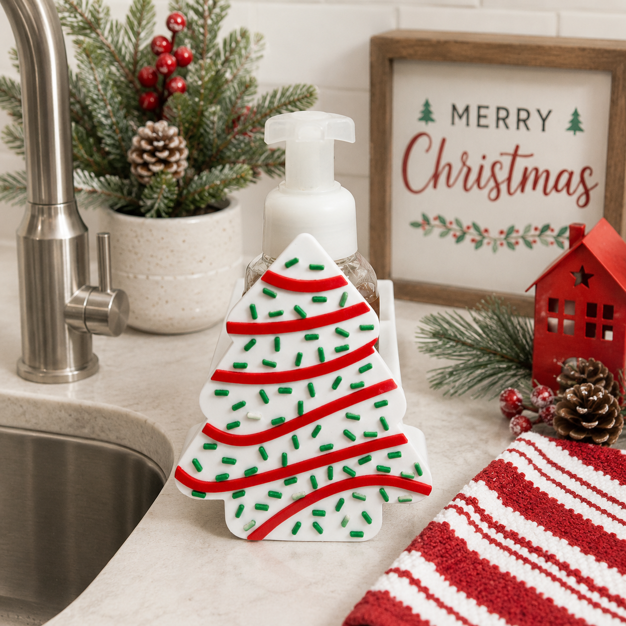Christmas Tree Cake Foaming Soap Bottle Holder – Cute 3D Printed White Frosted Tree with Red Swirl Icing and Green Sprinkles – Bath and Body Works Foaming Soap Dispenser Stand – Holiday Christmas Kitchen Bathroom Decor – Festive Seasonal Gift
